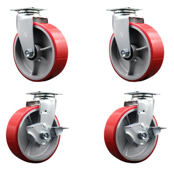 6 Inch Red Poly on Cast Iron Swivel Caster Set with Ball Bearings 2 Brakes